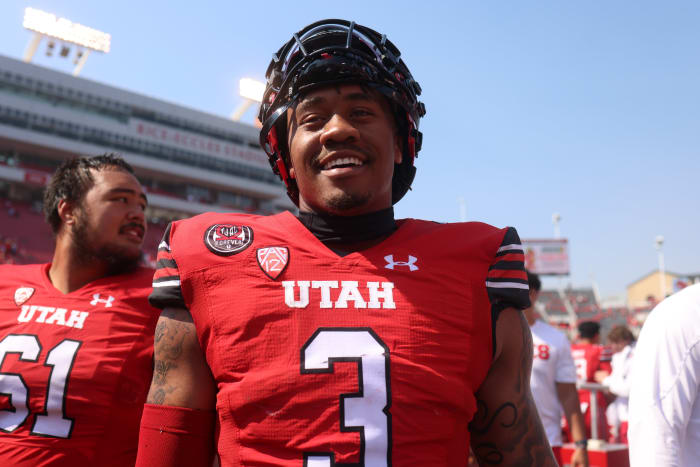 Utah Utes quarterback Ja'Quinden Jackson (3) reacts to a win against the Southern Utah Thunderbirds at Rice-Eccles Stadium.